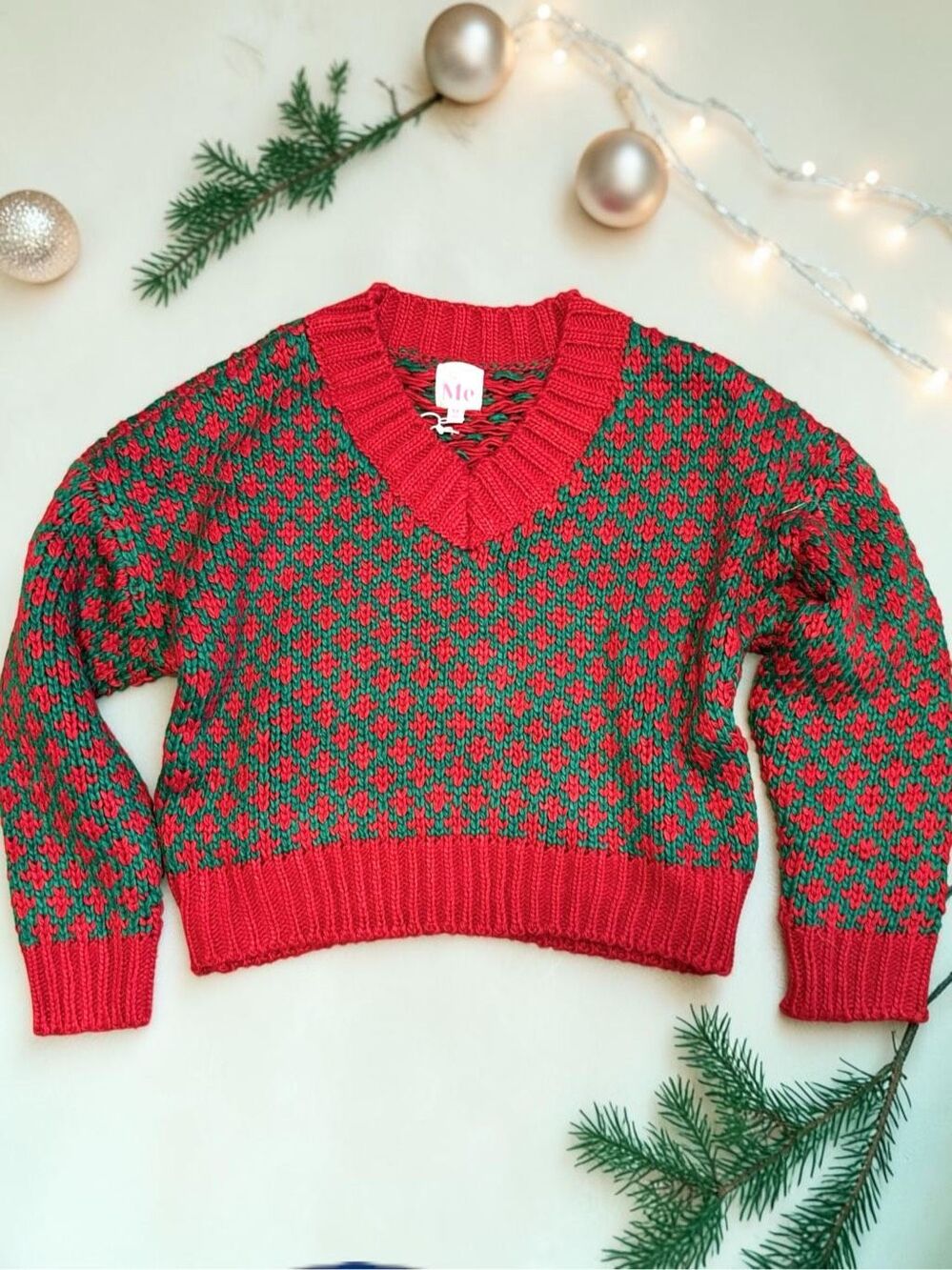 SO ME Christmas Sweater Red Green Oversized V Neck Chunky Knit Holiday NEW - Picture 11 of 11